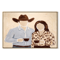 Two Cups Meet Home - couple coffee portrait painting by Elliot Vale, modern figurative horizontal wall art - wood frame on white background
