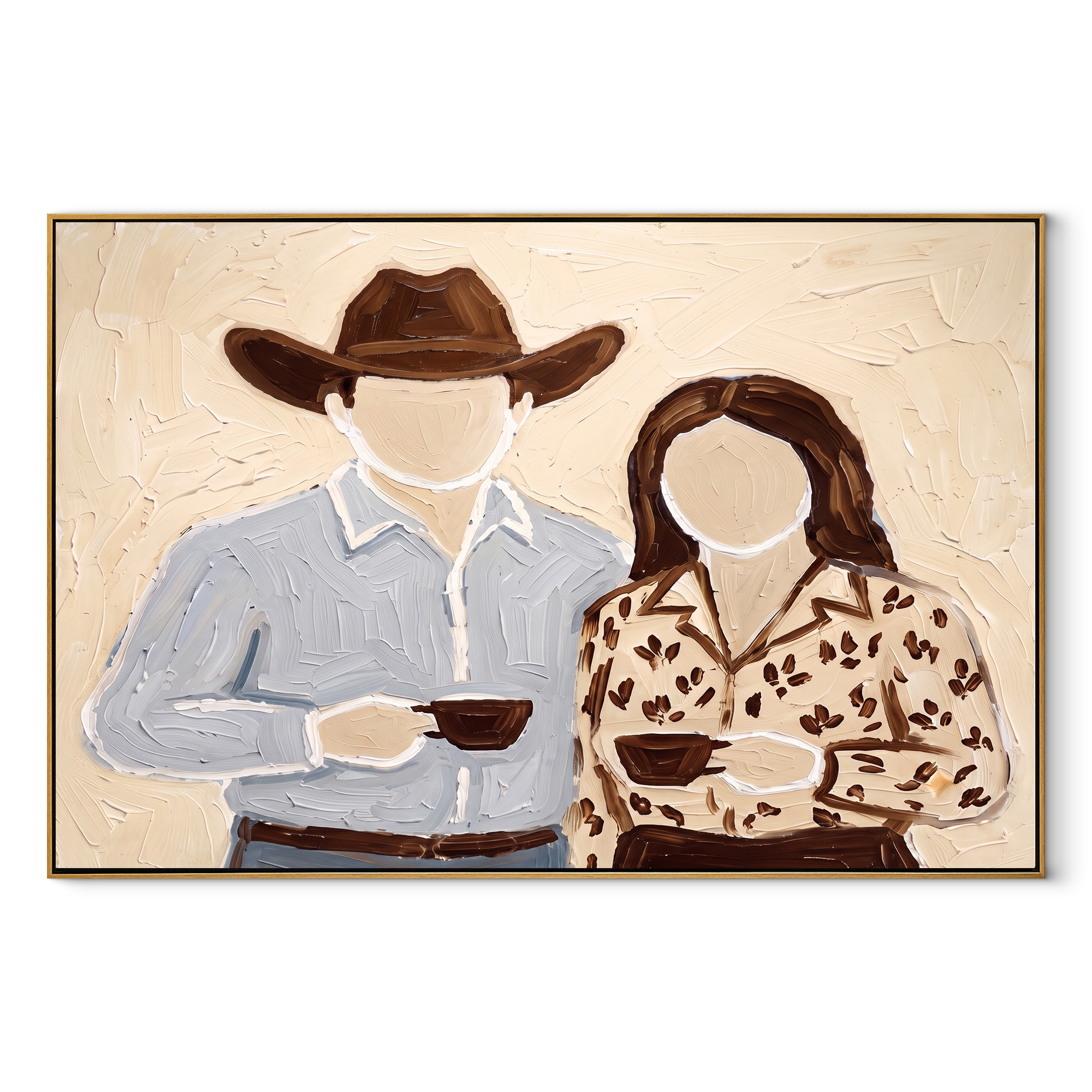 Two Cups Meet Home - couple coffee portrait painting by Elliot Vale, modern figurative horizontal wall art - wood frame on white background