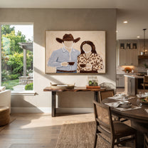 Two Cups Meet Home - couple coffee portrait painting by Elliot Vale, modern figurative horizontal wall art - styled room scene view 2
