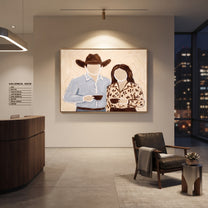 Two Cups Meet Home - couple coffee portrait painting by Elliot Vale, modern figurative horizontal wall art - styled room scene view 3