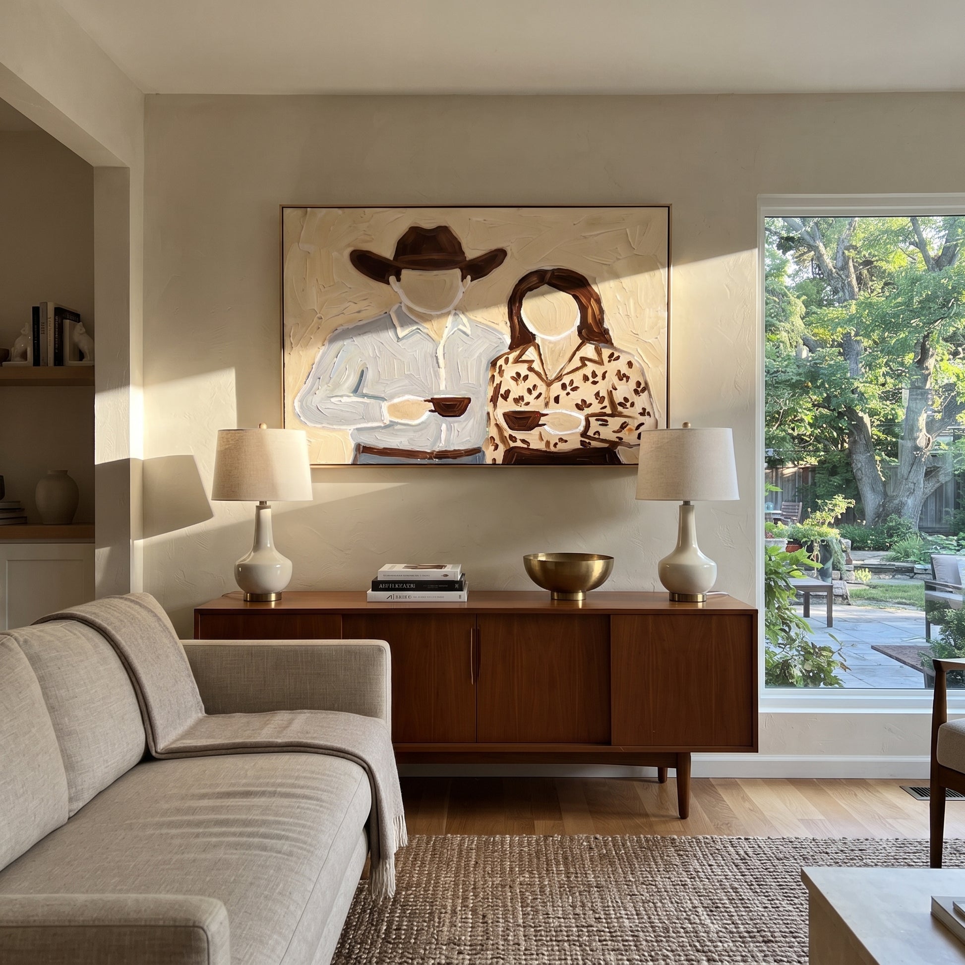 Two Cups Meet Home - couple coffee portrait painting by Elliot Vale, modern figurative horizontal wall art - styled room scene view 4