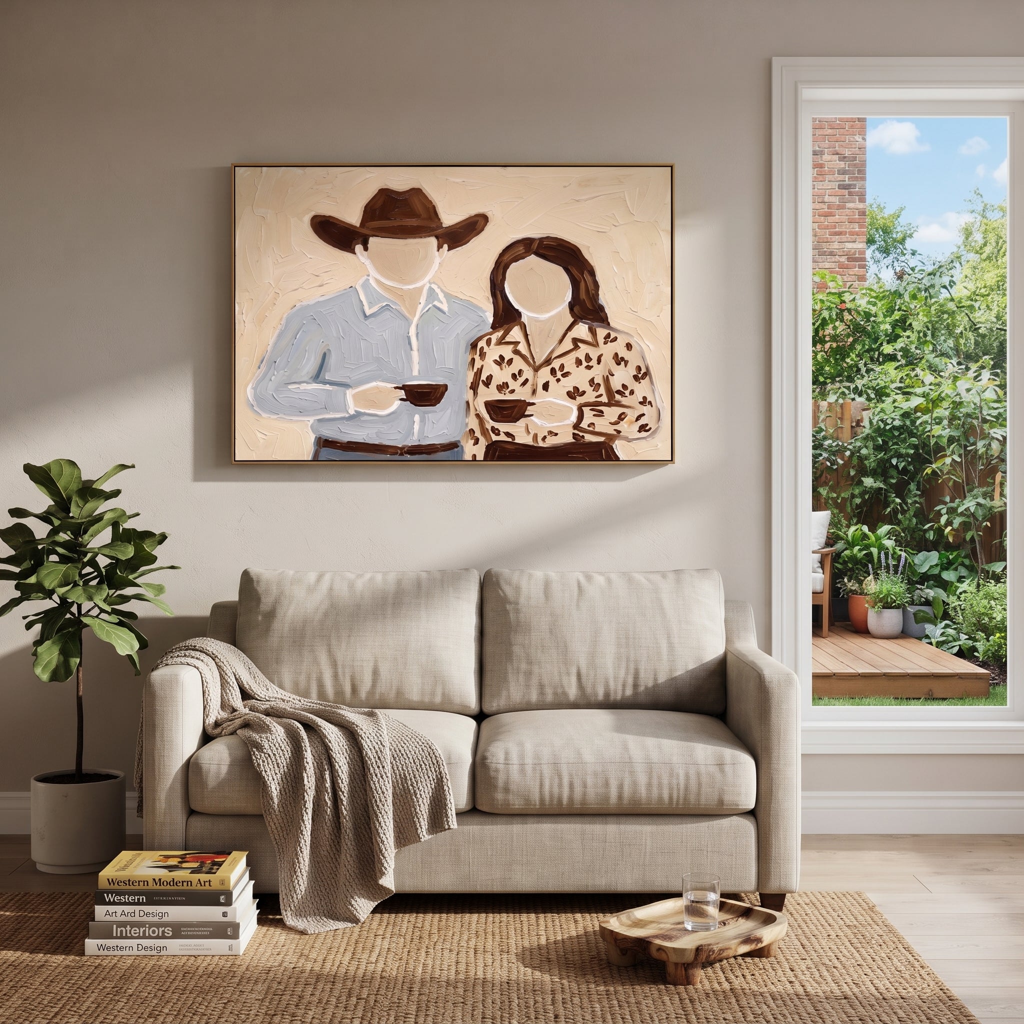 Two Cups Meet Home - couple coffee portrait painting by Elliot Vale, modern figurative horizontal wall art - styled room scene view 5