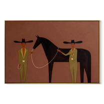 Two Riders Share Reins - horse handler pair painting by Elliot Vale, modern figurative horizontal wall art - wood frame on white background