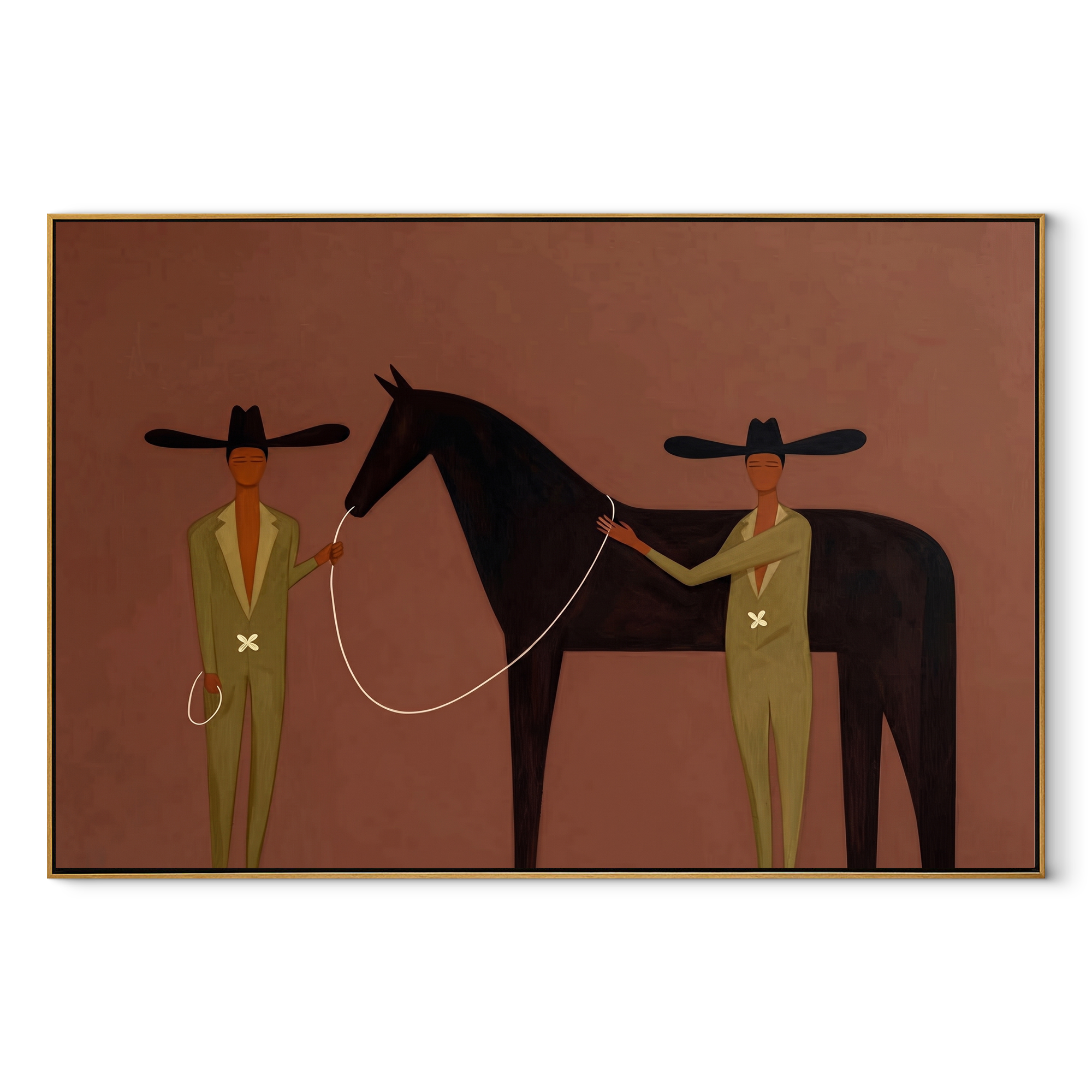 Two Riders Share Reins - horse handler pair painting by Elliot Vale, modern figurative horizontal wall art - wood frame on white background