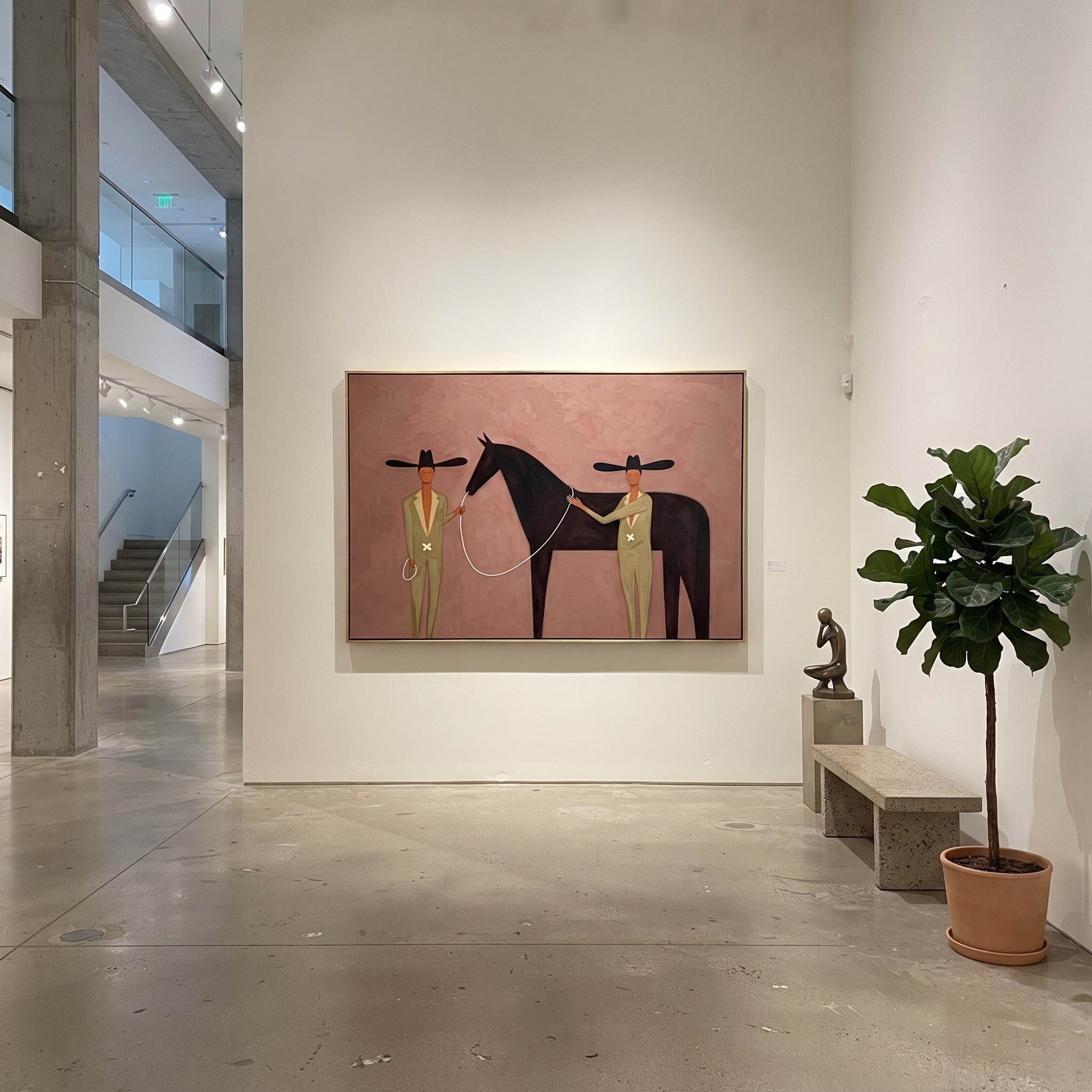 Two Riders Share Reins - horse handler pair painting by Elliot Vale, modern figurative horizontal wall art - styled room scene view 2