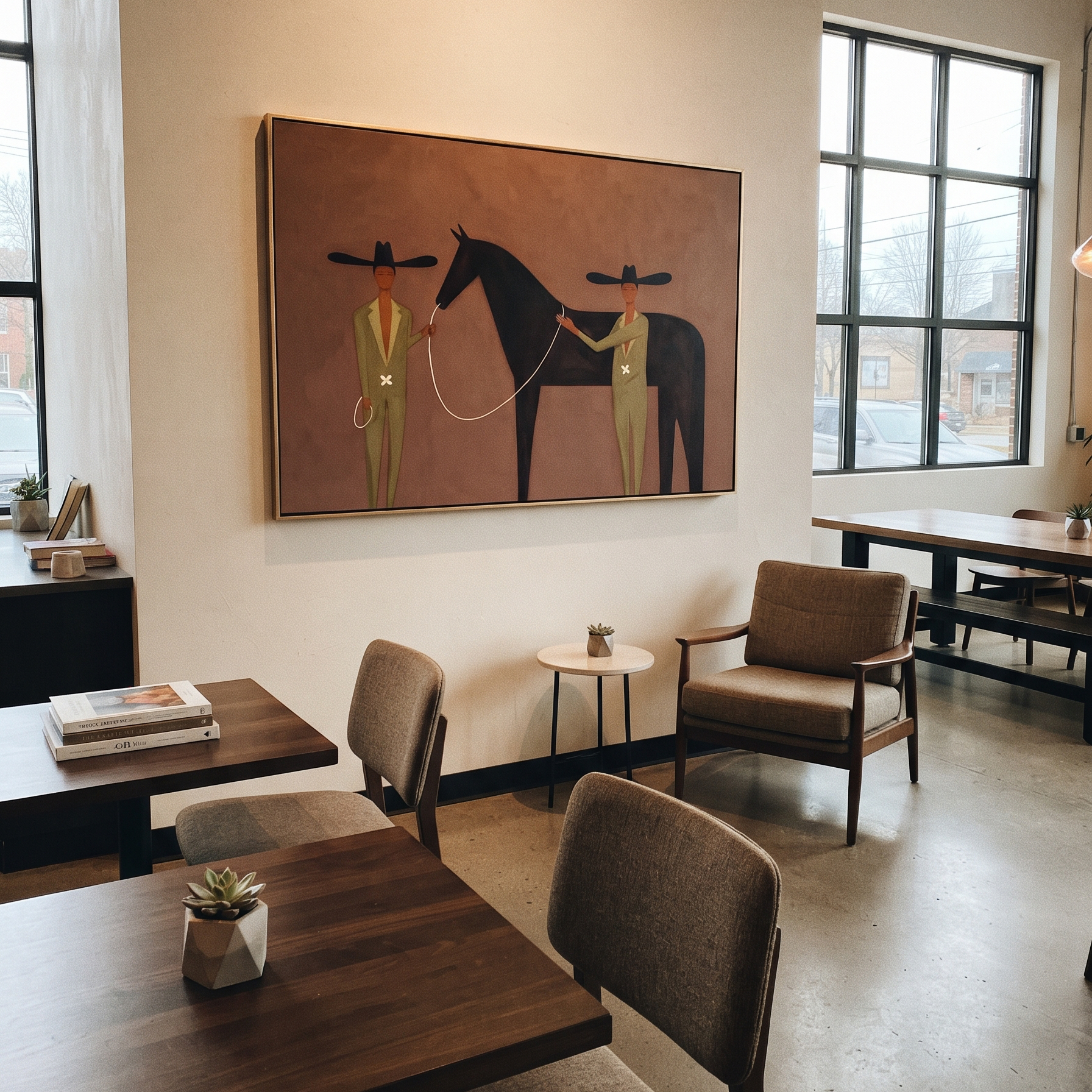 Two Riders Share Reins - horse handler pair painting by Elliot Vale, modern figurative horizontal wall art - styled room scene view 3