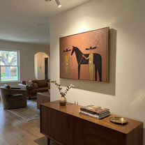 Two Riders Share Reins - horse handler pair painting by Elliot Vale, modern figurative horizontal wall art - styled room scene view 4
