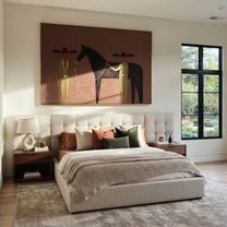 Two Riders Share Reins - horse handler pair painting by Elliot Vale, modern figurative horizontal wall art - styled room scene view 5