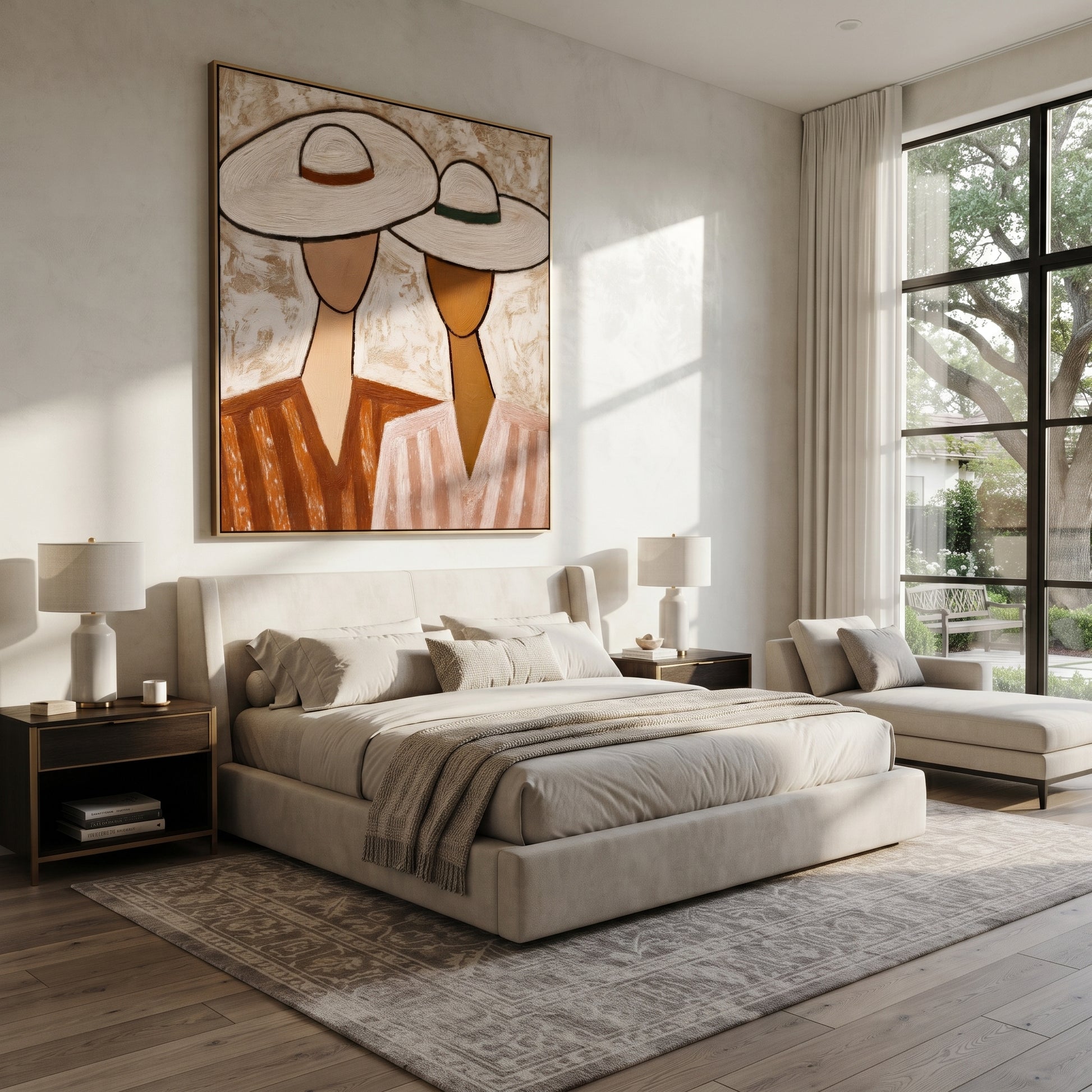White Hats Lean Together - pastel hat figure pair painting by Elliot Vale, modern figurative vertical wall art - styled room scene view 1