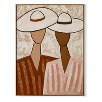White Hats Lean Together - pastel hat figure pair painting by Elliot Vale, modern figurative vertical wall art - wood frame on white background