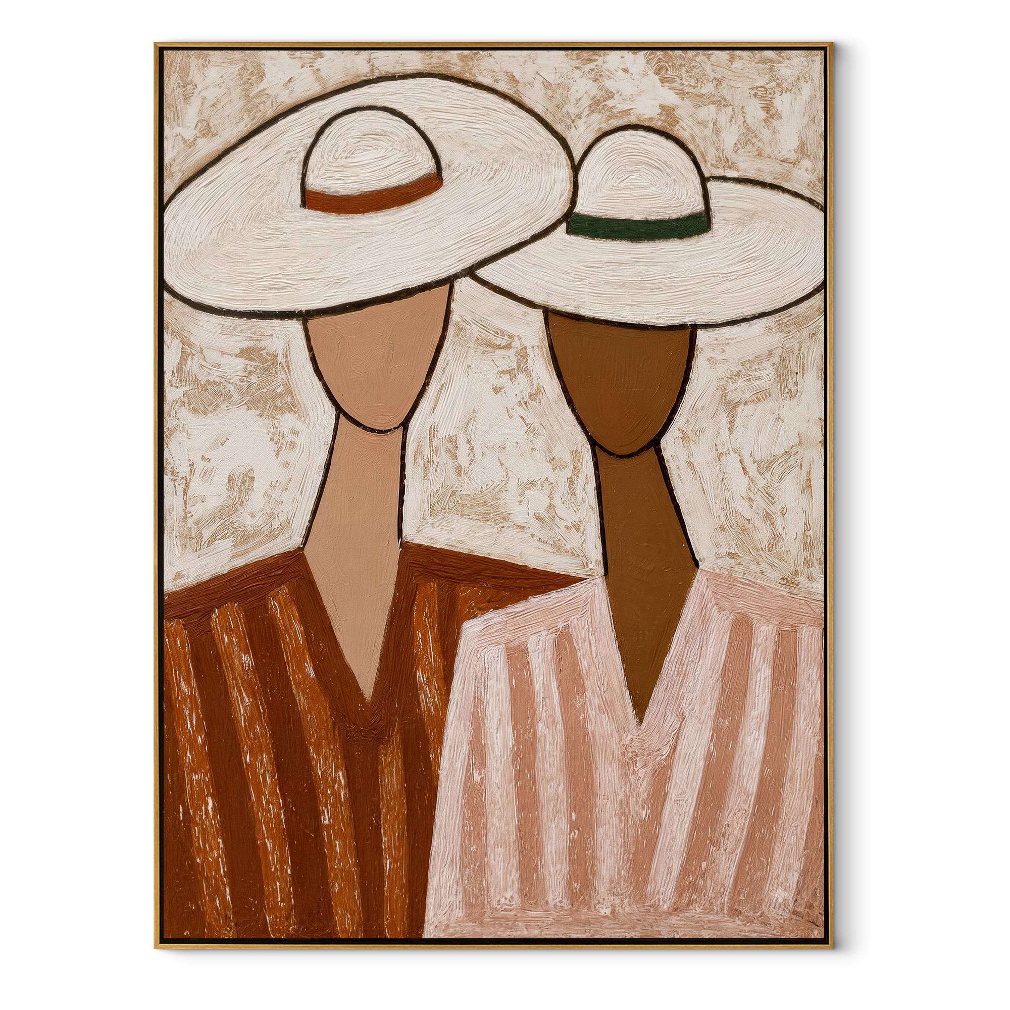 White Hats Lean Together - pastel hat figure pair painting by Elliot Vale, modern figurative vertical wall art - wood frame on white background