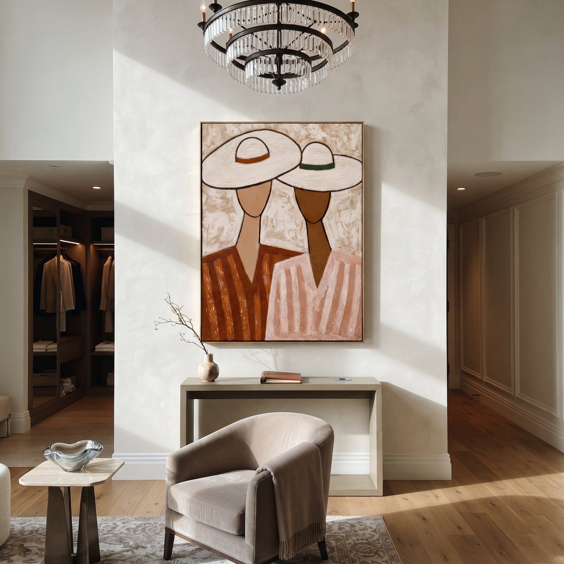 White Hats Lean Together - pastel hat figure pair painting by Elliot Vale, modern figurative vertical wall art - styled room scene view 3