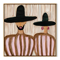 Black Brims Hold Blush - bearded hat figure pair painting by Elliot Vale, modern figurative square wall art - wood frame on white background