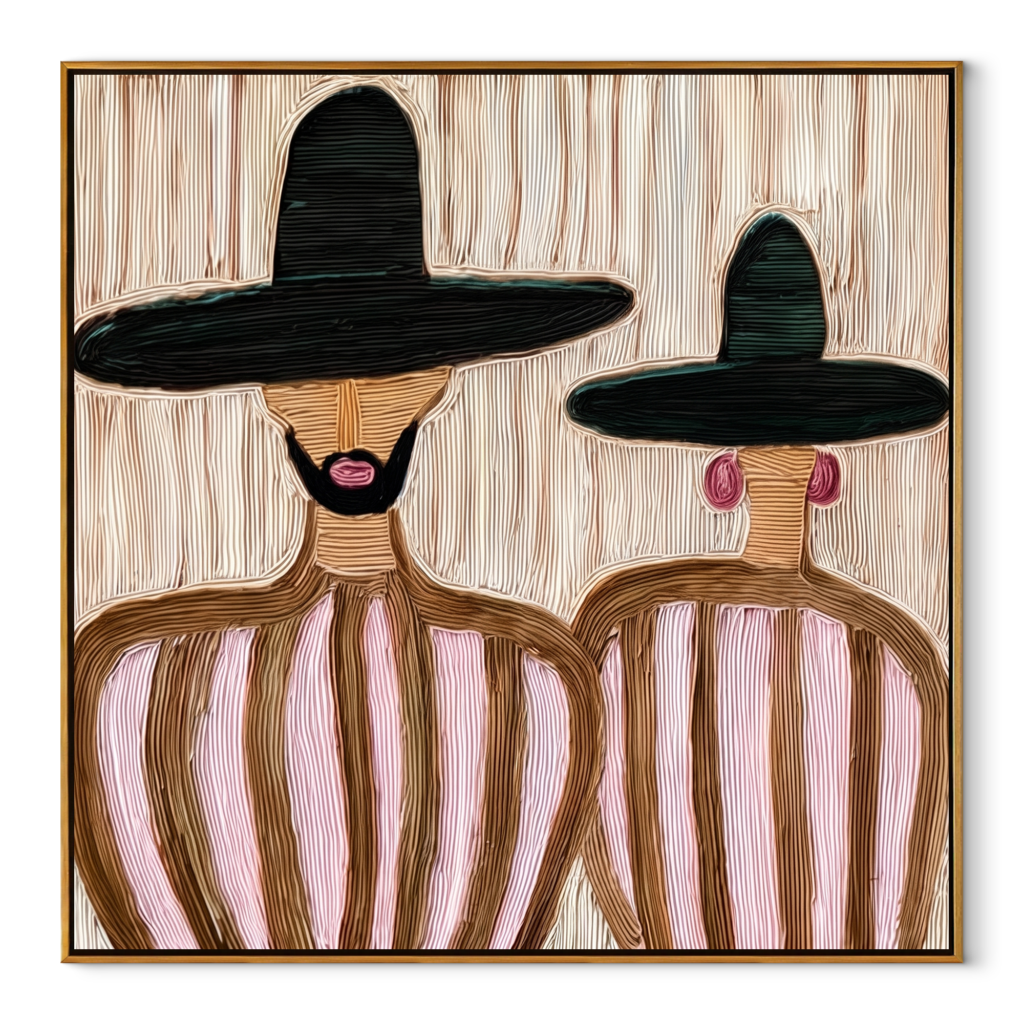 Black Brims Hold Blush - bearded hat figure pair painting by Elliot Vale, modern figurative square wall art - wood frame on white background