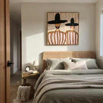 Black Brims Hold Blush - bearded hat figure pair painting by Elliot Vale, modern figurative square wall art - styled room scene view 2