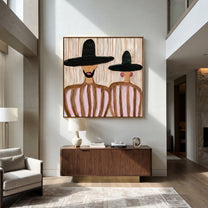 Black Brims Hold Blush - bearded hat figure pair painting by Elliot Vale, modern figurative square wall art - styled room scene view 3