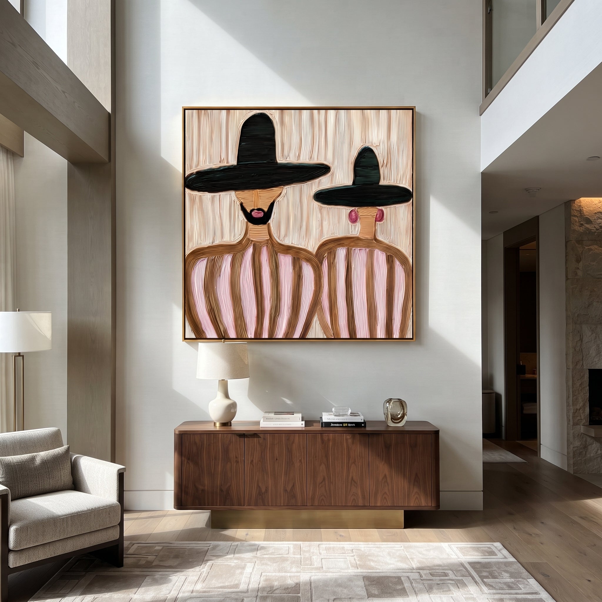 Black Brims Hold Blush - bearded hat figure pair painting by Elliot Vale, modern figurative square wall art - styled room scene view 3