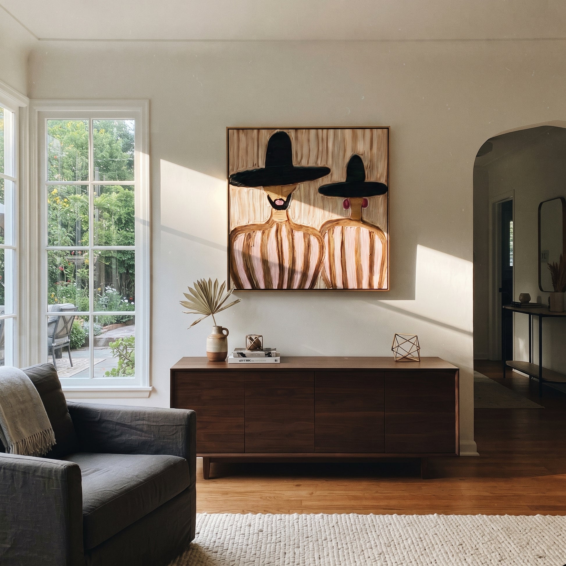 Black Brims Hold Blush - bearded hat figure pair painting by Elliot Vale, modern figurative square wall art - styled room scene view 4