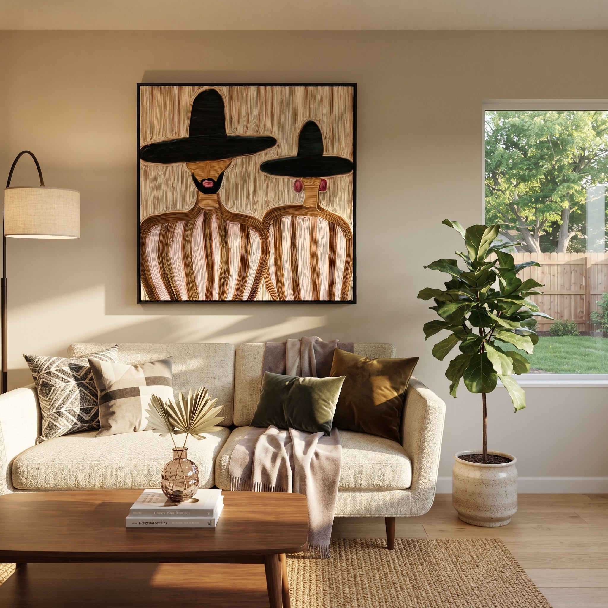 Black Brims Hold Blush - bearded hat figure pair painting by Elliot Vale, modern figurative square wall art - styled room scene view 5