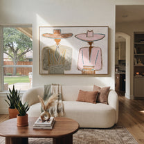 Brown Hat Meets Pink - formal hat figure pair painting by Elliot Vale, modern figurative horizontal wall art - styled room scene view 1