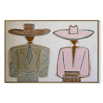 Brown Hat Meets Pink - formal hat figure pair painting by Elliot Vale, modern figurative horizontal wall art - wood frame on white background