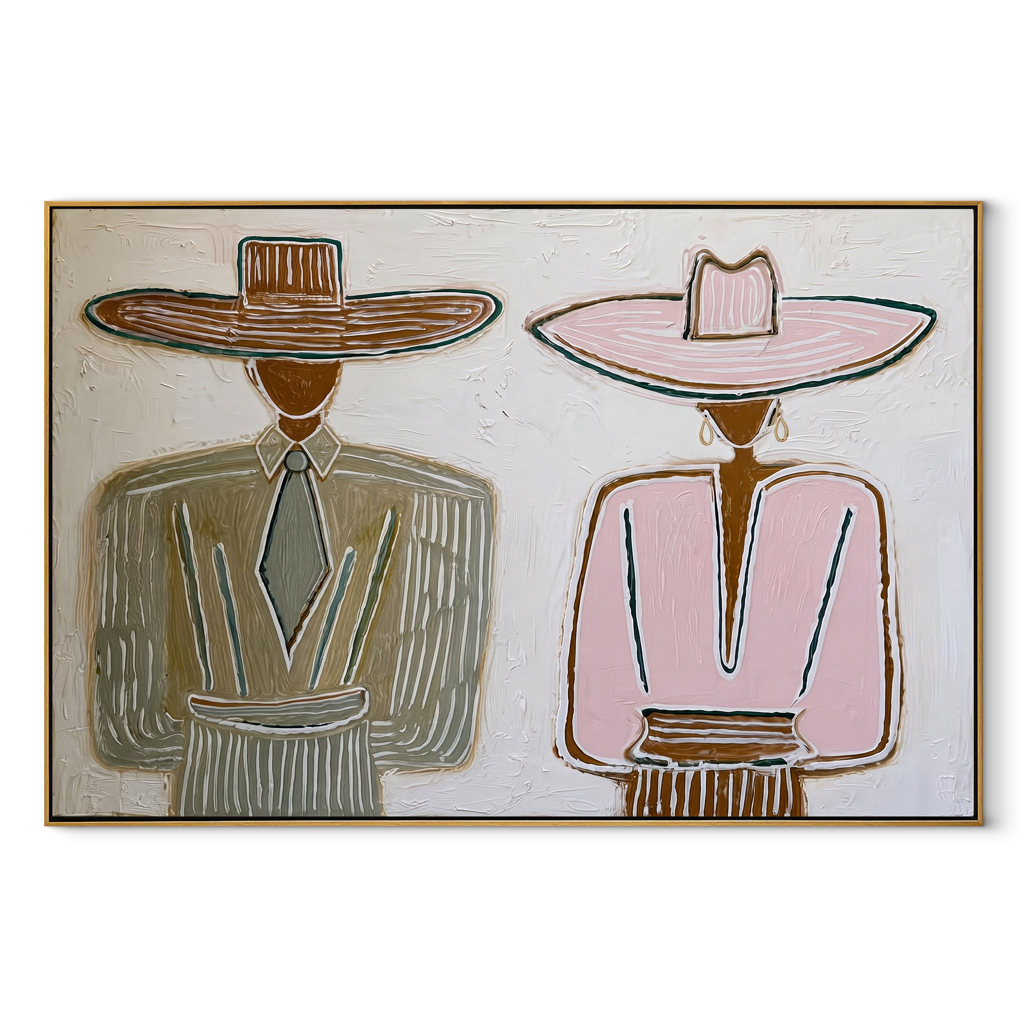Brown Hat Meets Pink - formal hat figure pair painting by Elliot Vale, modern figurative horizontal wall art - wood frame on white background
