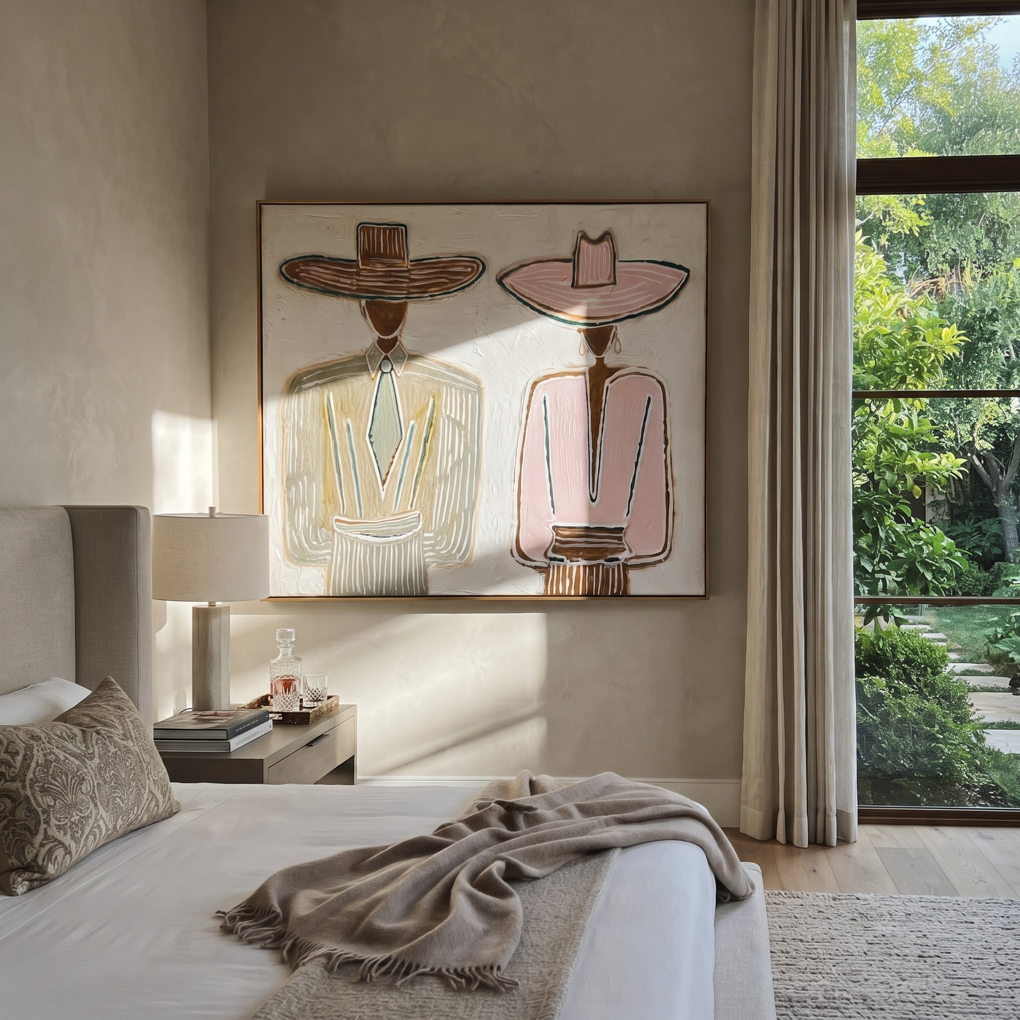 Brown Hat Meets Pink - formal hat figure pair painting by Elliot Vale, modern figurative horizontal wall art - styled room scene view 2