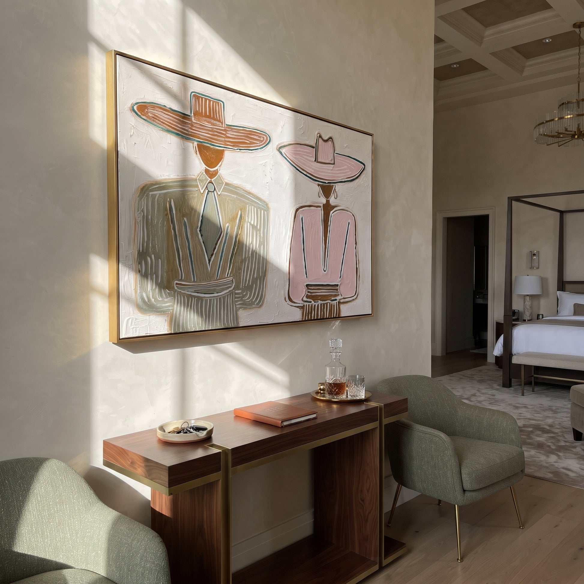 Brown Hat Meets Pink - formal hat figure pair painting by Elliot Vale, modern figurative horizontal wall art - styled room scene view 3