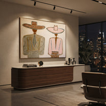 Brown Hat Meets Pink - formal hat figure pair painting by Elliot Vale, modern figurative horizontal wall art - styled room scene view 4