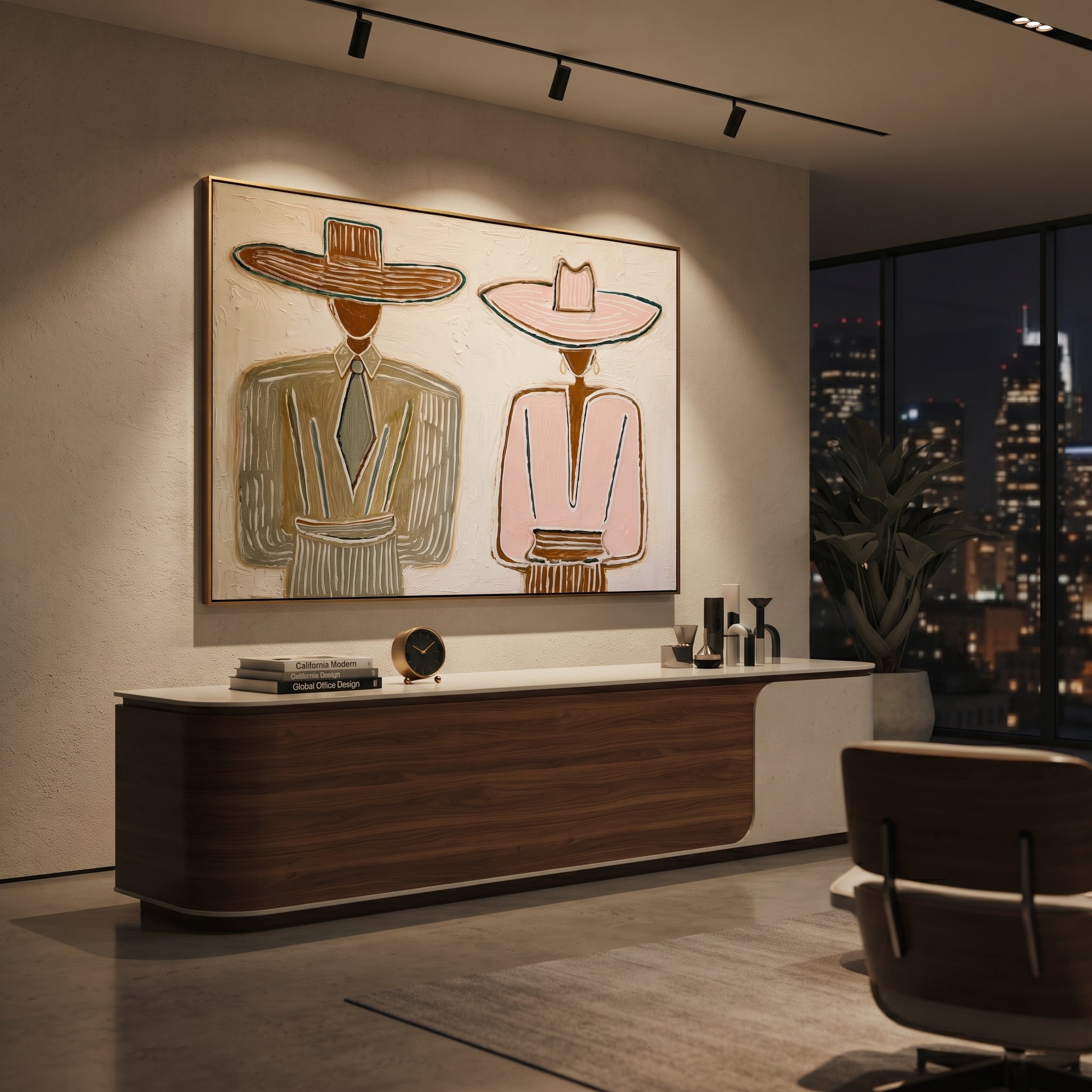 Brown Hat Meets Pink - formal hat figure pair painting by Elliot Vale, modern figurative horizontal wall art - styled room scene view 4