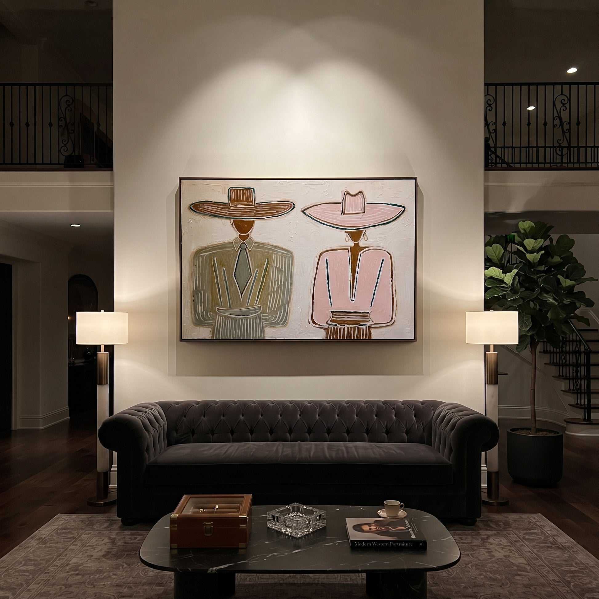 Brown Hat Meets Pink - formal hat figure pair painting by Elliot Vale, modern figurative horizontal wall art - styled room scene view 5