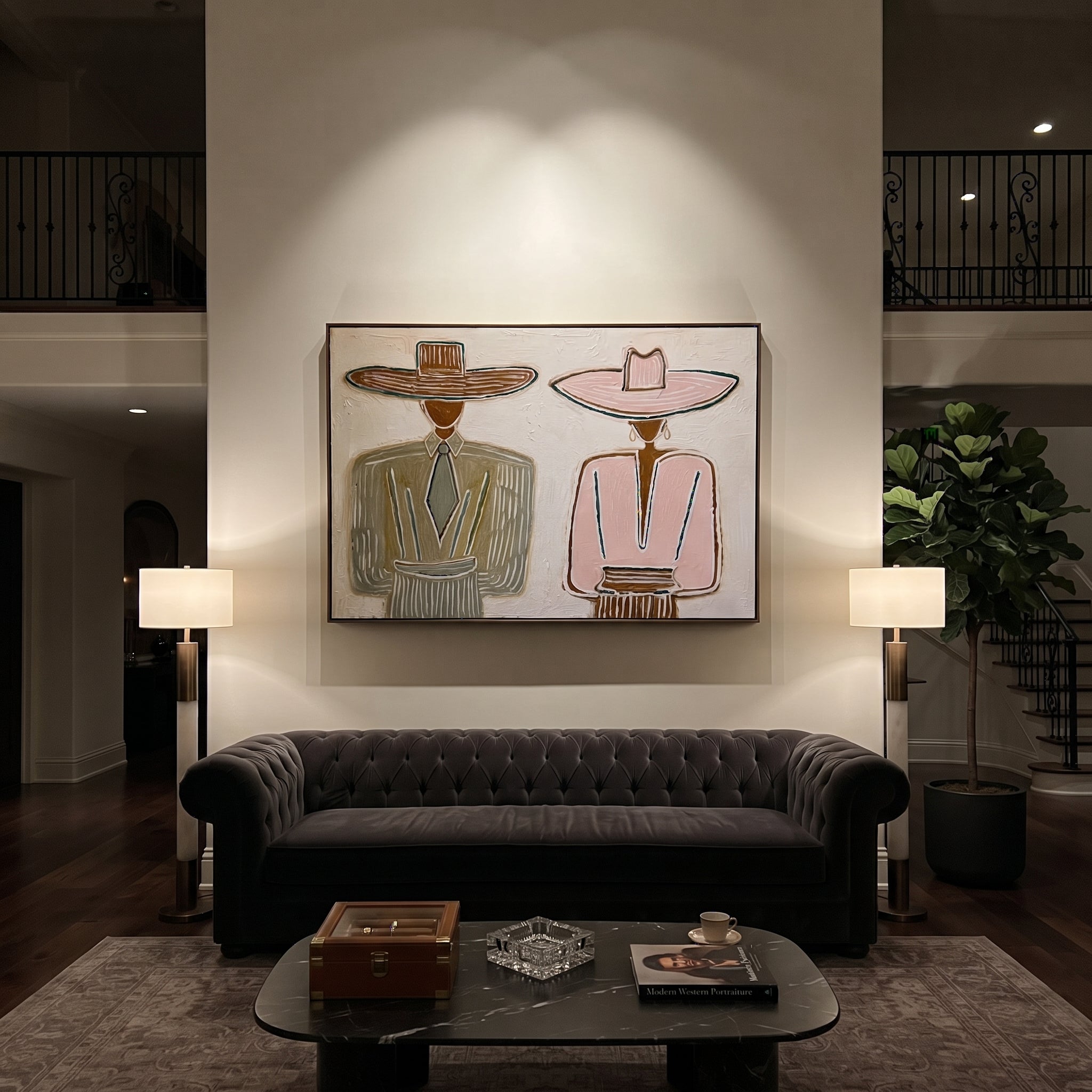 Brown Hat Meets Pink - formal hat figure pair painting by Elliot Vale, modern figurative horizontal wall art - styled room scene view 5