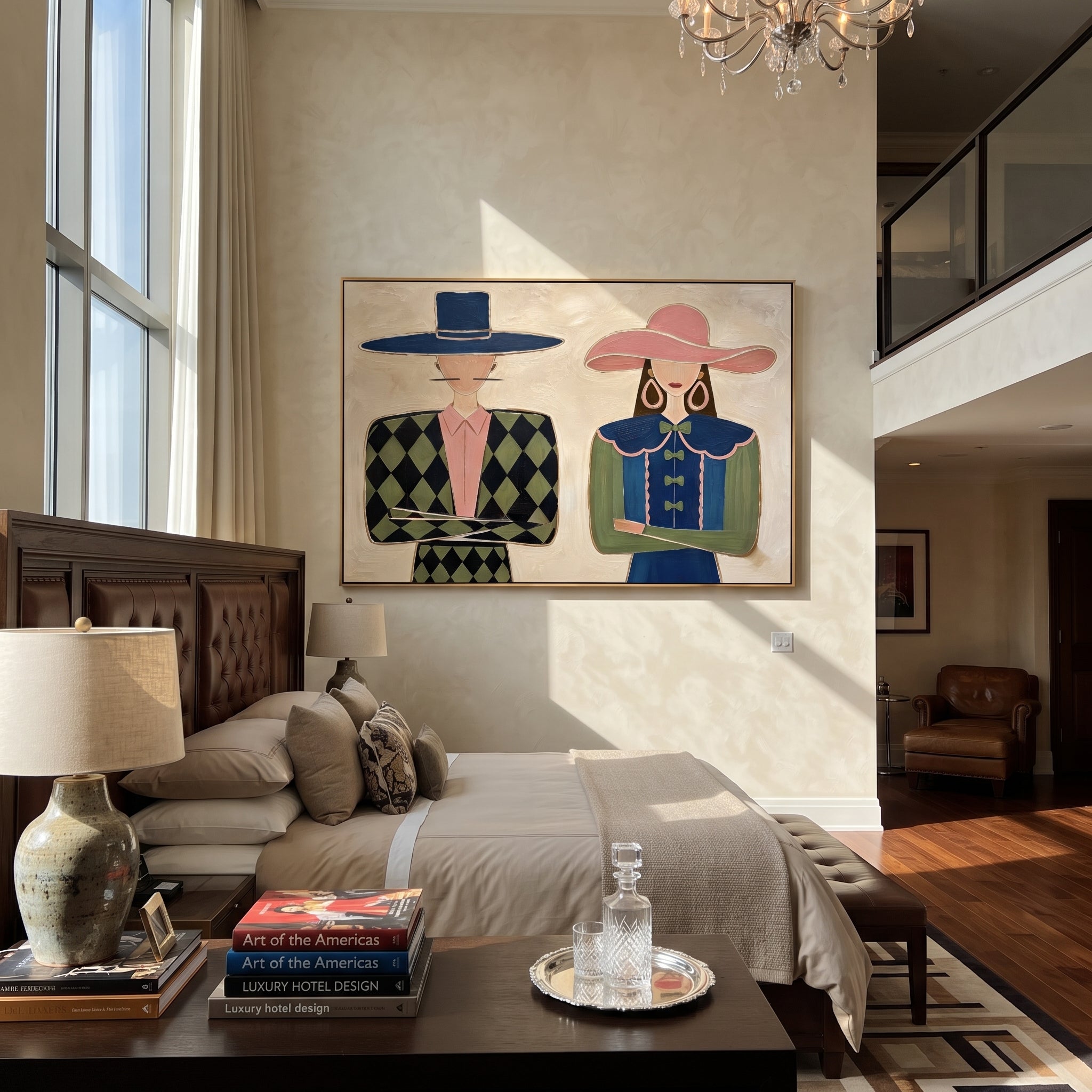 Blue Diamonds Meet Ruffles - formal fashion figure pair painting by Elliot Vale, modern figurative horizontal wall art - styled room scene view 1