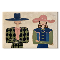 Blue Diamonds Meet Ruffles - formal fashion figure pair painting by Elliot Vale, modern figurative horizontal wall art - wood frame on white background