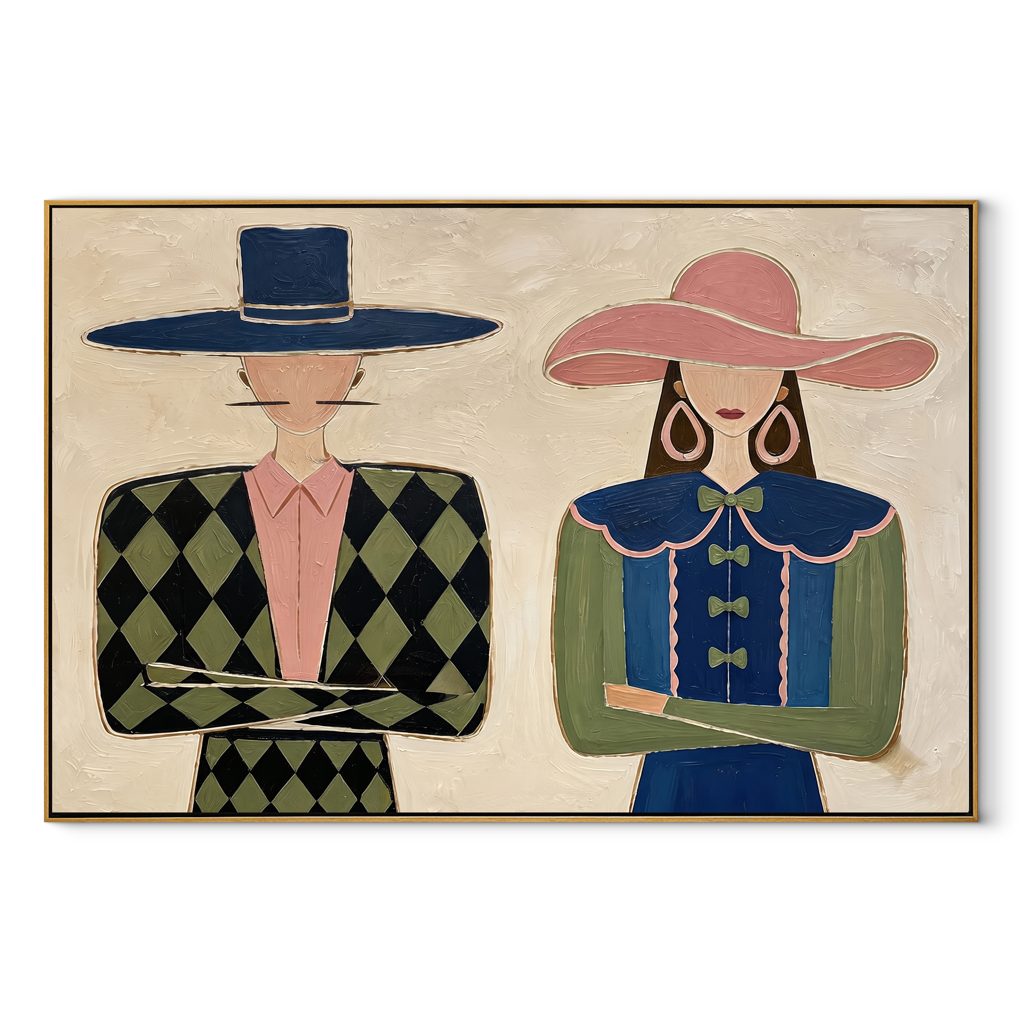 Blue Diamonds Meet Ruffles - formal fashion figure pair painting by Elliot Vale, modern figurative horizontal wall art - wood frame on white background