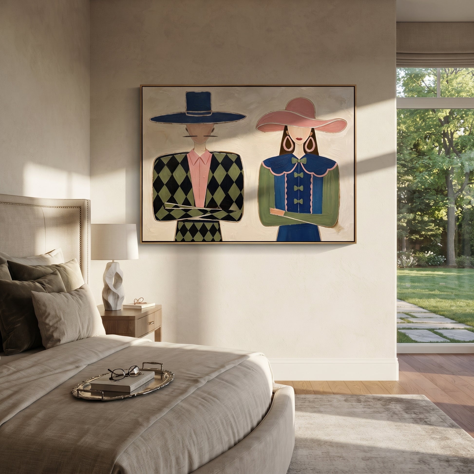 Blue Diamonds Meet Ruffles - formal fashion figure pair painting by Elliot Vale, modern figurative horizontal wall art - styled room scene view 4