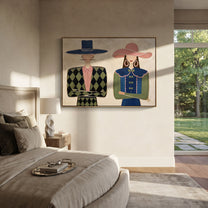 Blue Diamonds Meet Ruffles - formal fashion figure pair painting by Elliot Vale, modern figurative horizontal wall art - styled room scene view 4
