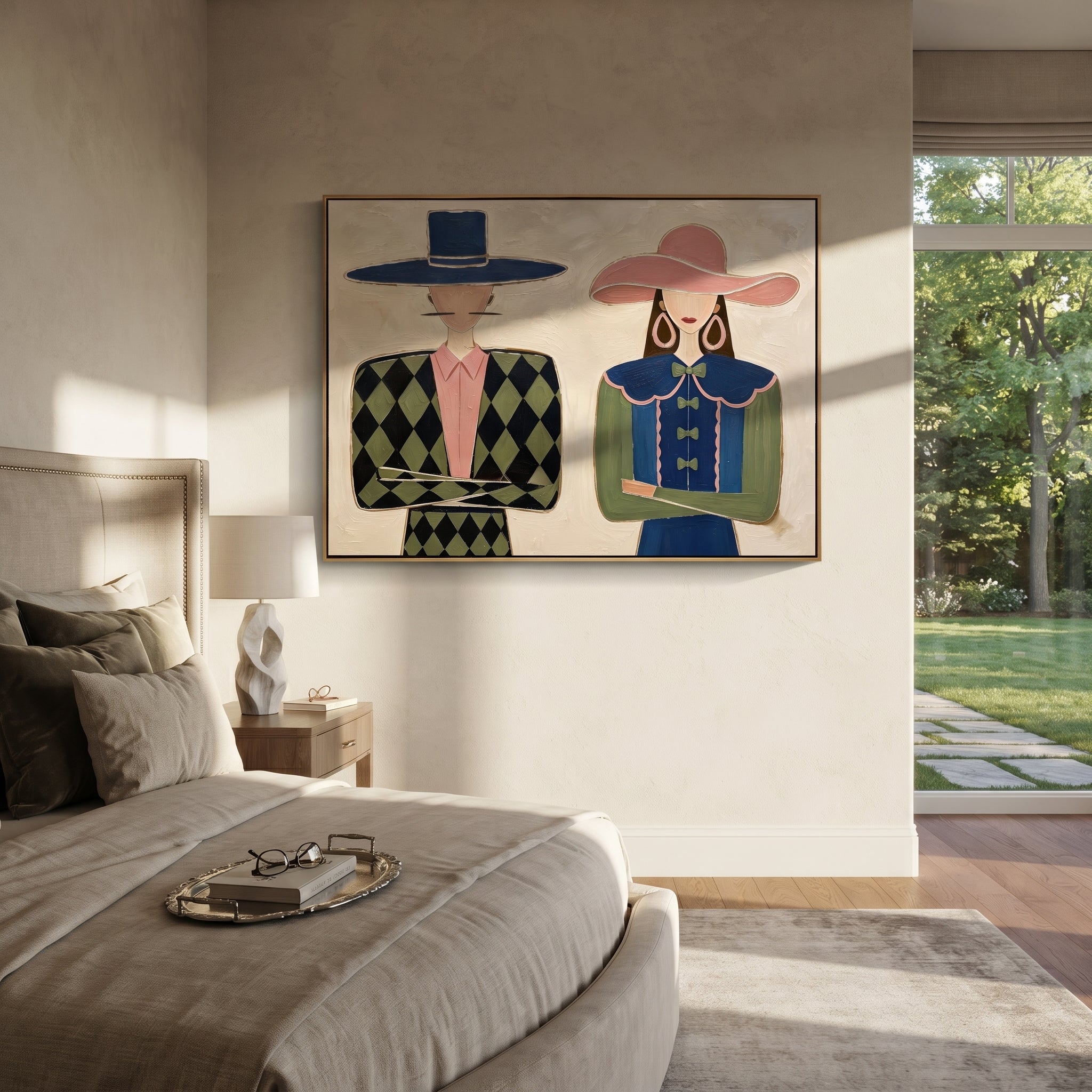 Blue Diamonds Meet Ruffles - formal fashion figure pair painting by Elliot Vale, modern figurative horizontal wall art - styled room scene view 4