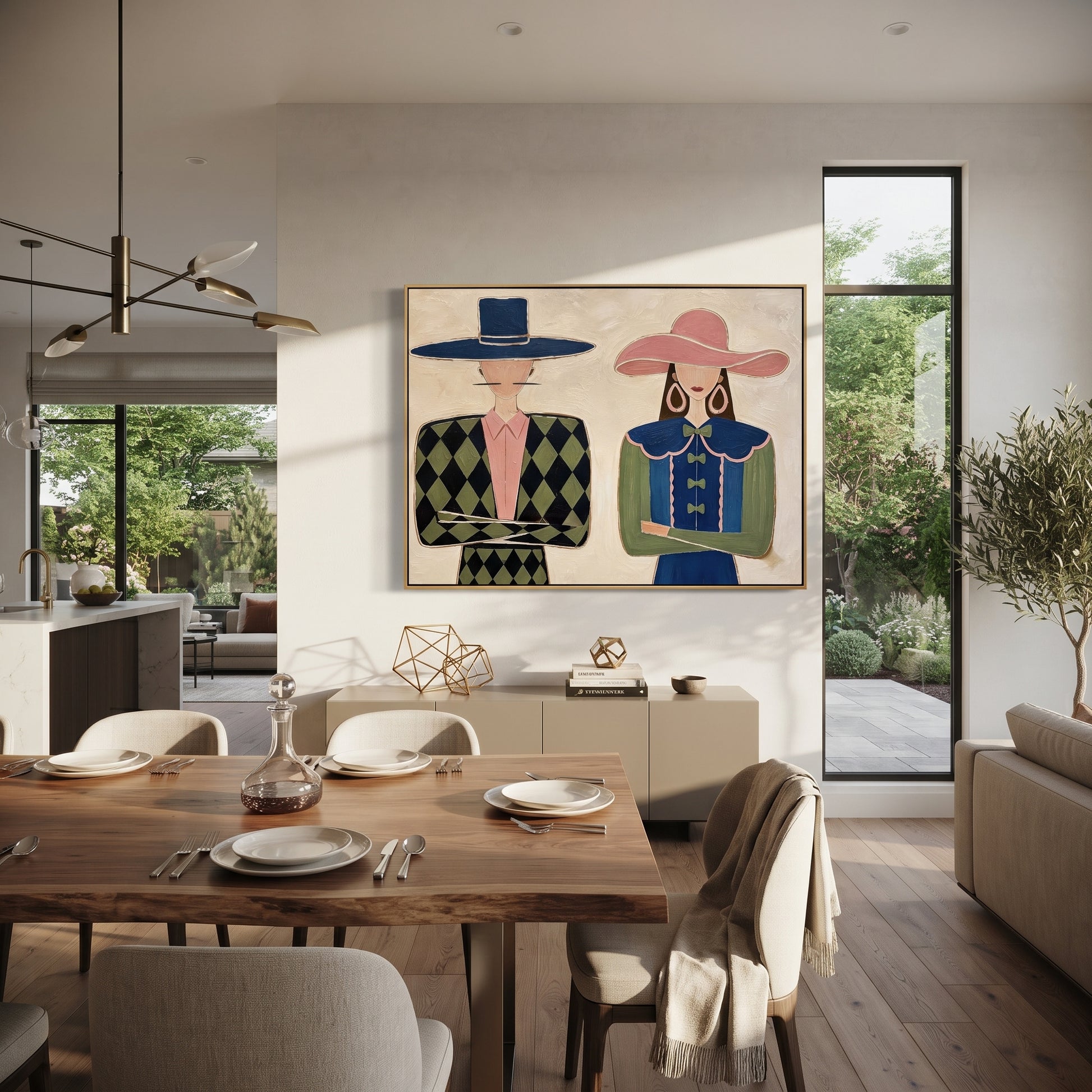 Blue Diamonds Meet Ruffles - formal fashion figure pair painting by Elliot Vale, modern figurative horizontal wall art - styled room scene view 5