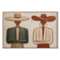 Green Suit Faces Ivory - formal striped figure pair painting by Elliot Vale, modern figurative horizontal wall art - wood frame on white background