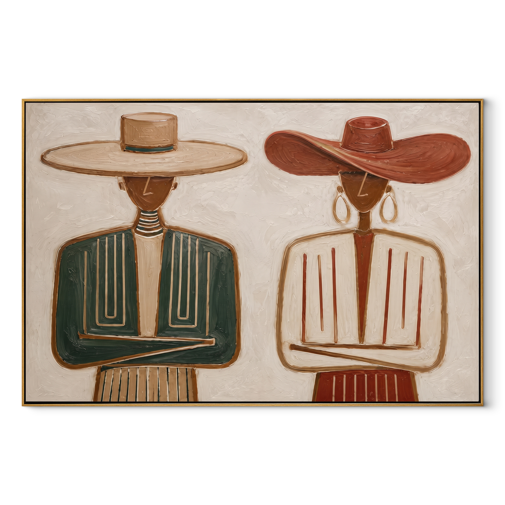 Green Suit Faces Ivory - formal striped figure pair painting by Elliot Vale, modern figurative horizontal wall art - wood frame on white background