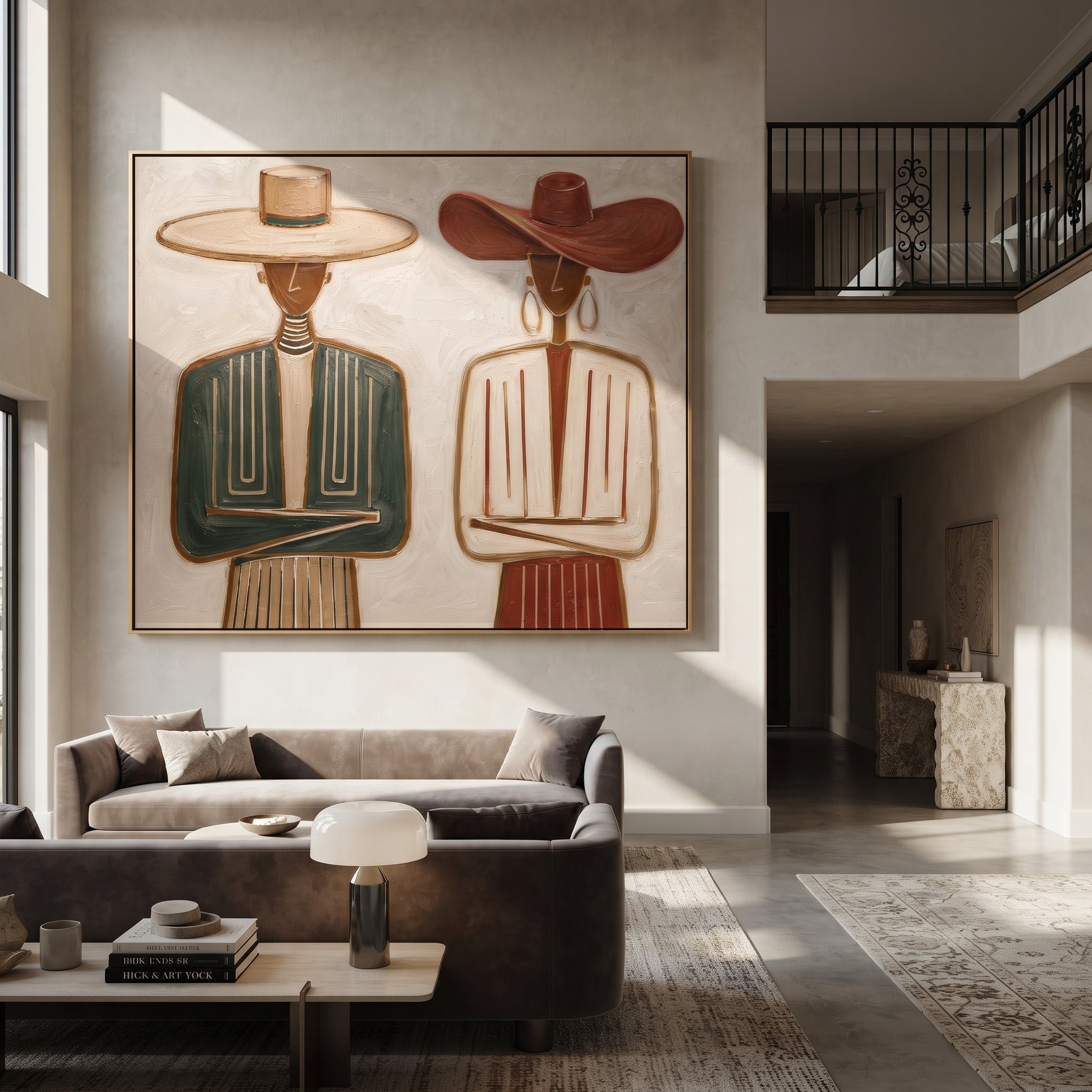 Green Suit Faces Ivory - formal striped figure pair painting by Elliot Vale, modern figurative horizontal wall art - styled room scene view 2