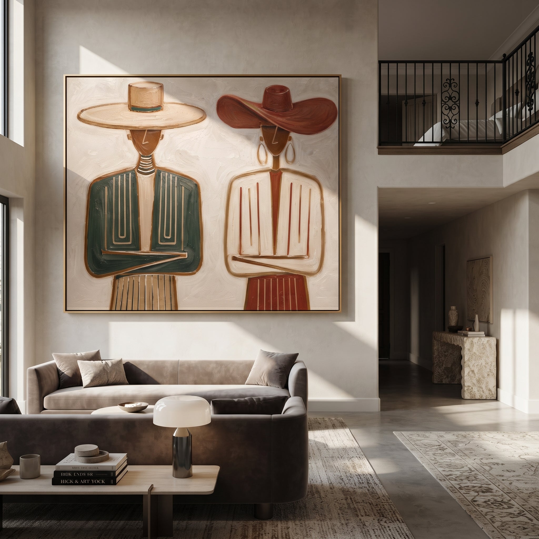 Green Suit Faces Ivory - formal striped figure pair painting by Elliot Vale, modern figurative horizontal wall art - styled room scene view 2