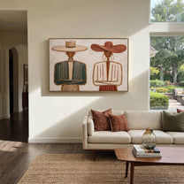 Green Suit Faces Ivory - formal striped figure pair painting by Elliot Vale, modern figurative horizontal wall art - styled room scene view 3
