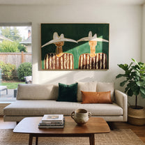 White Hats Guard Green - white hat figure pair painting by Elliot Vale, modern figurative horizontal wall art - styled room scene view 1