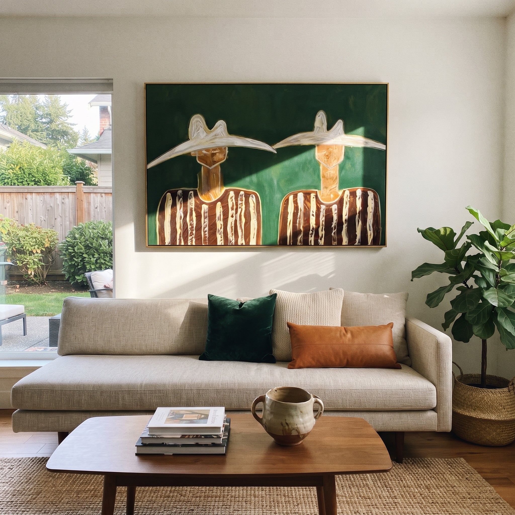 White Hats Guard Green - white hat figure pair painting by Elliot Vale, modern figurative horizontal wall art - styled room scene view 1