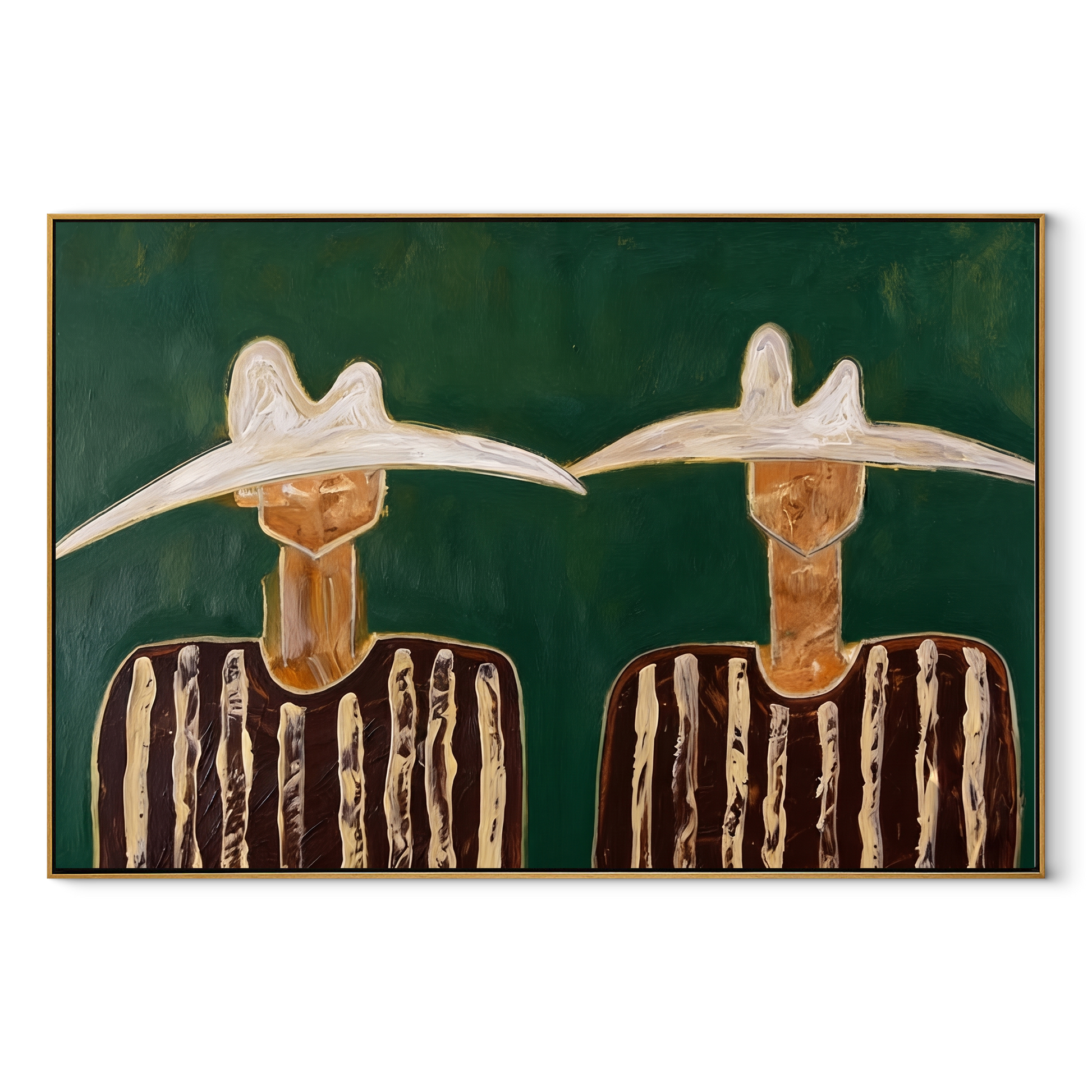 White Hats Guard Green - white hat figure pair painting by Elliot Vale, modern figurative horizontal wall art - wood frame on white background