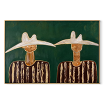 White Hats Guard Green - white hat figure pair painting by Elliot Vale, modern figurative horizontal wall art - wood frame on white background