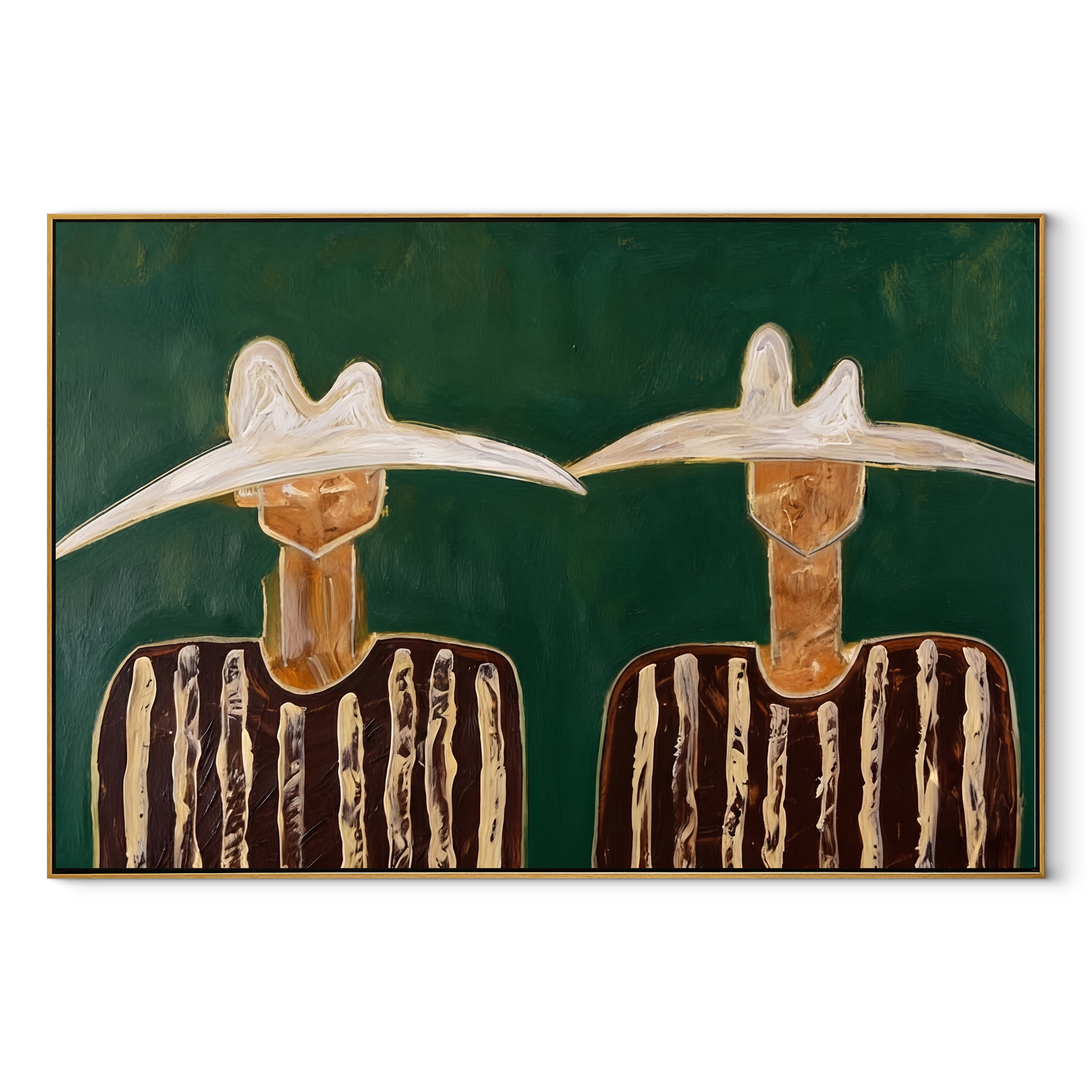 White Hats Guard Green - white hat figure pair painting by Elliot Vale, modern figurative horizontal wall art - wood frame on white background