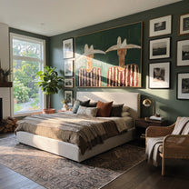 White Hats Guard Green - white hat figure pair painting by Elliot Vale, modern figurative horizontal wall art - styled room scene view 2